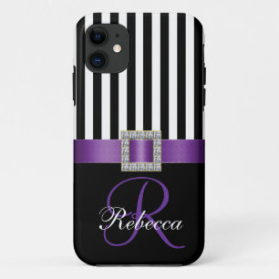 Personalized Initial Purple Black Stripes Pattern iPhone 11 Case
