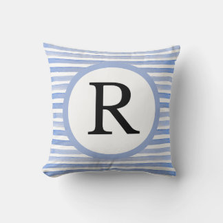 Personalized Initial “R” Casual Blue Stripes Throw Pillow