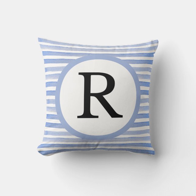 Personalized Initial “R” Casual Blue Stripes Throw Pillow (Front)