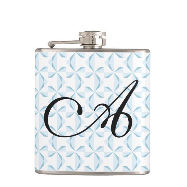 Personalized Initial Sky Blue Pinwheels Hip Flask (Front)