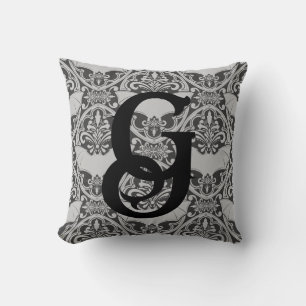 Personalized Initial Vampire Bat Damask In Gray Throw Pillow