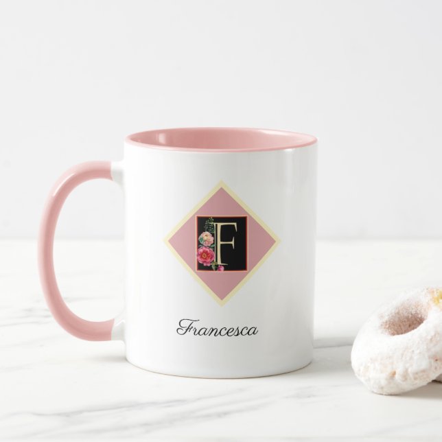 Personalized Initial Vintage Roses "F" Mug (With Donut)