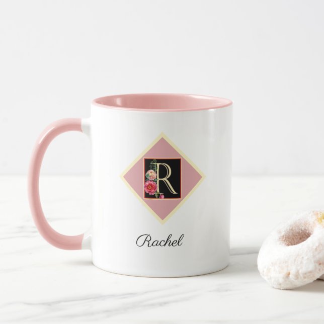 Personalized Initial Vintage Roses "R" Mug (With Donut)
