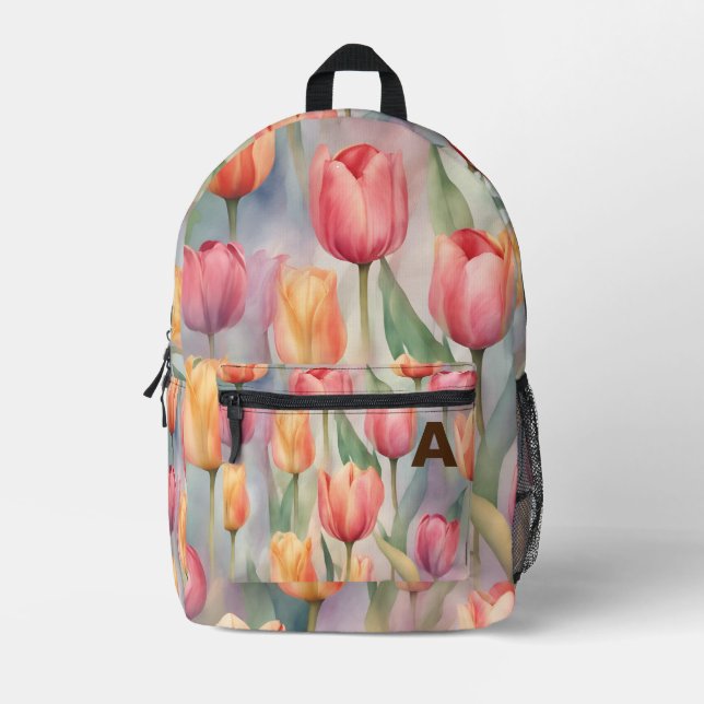 Personalized Initial Watercolor Tulip Flowers Back Printed Backpack (Front)