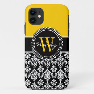 Personalized Initial Yellow Black Damask Case