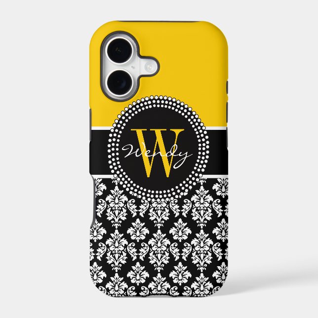 Personalized Initial Yellow Black Damask Case (Back)