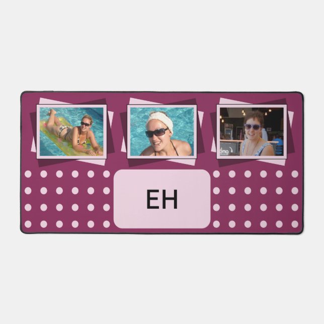 Personalized initials 3 photo polka dots maroon desk mat (Front)