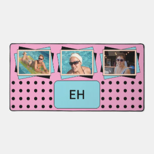 Personalized initials 3 photo polka dots pink desk mat