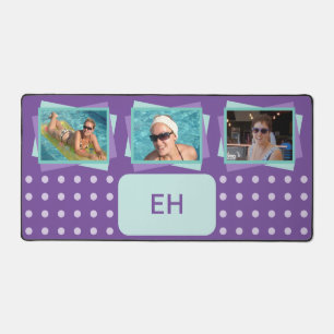 Personalized initials 3 photo polka dots purple desk mat