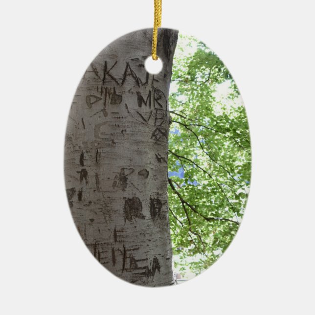 Personalized Initials Carved in a Tree Park Ceramic Ornament (Front)