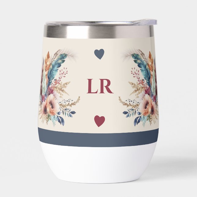 Personalized initials flowers hearts red blue (Left)