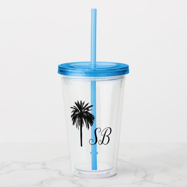 Personalized Initials Palm Tree Beach Island Acrylic Tumbler (Front)