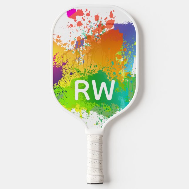 Personalized Initials Trendy Colourful Paint Splat Pickleball Paddle (Front)
