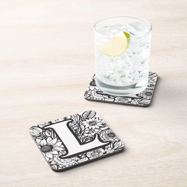 Personalized Ink Flower Monogram Black and White Coaster (Right Side)