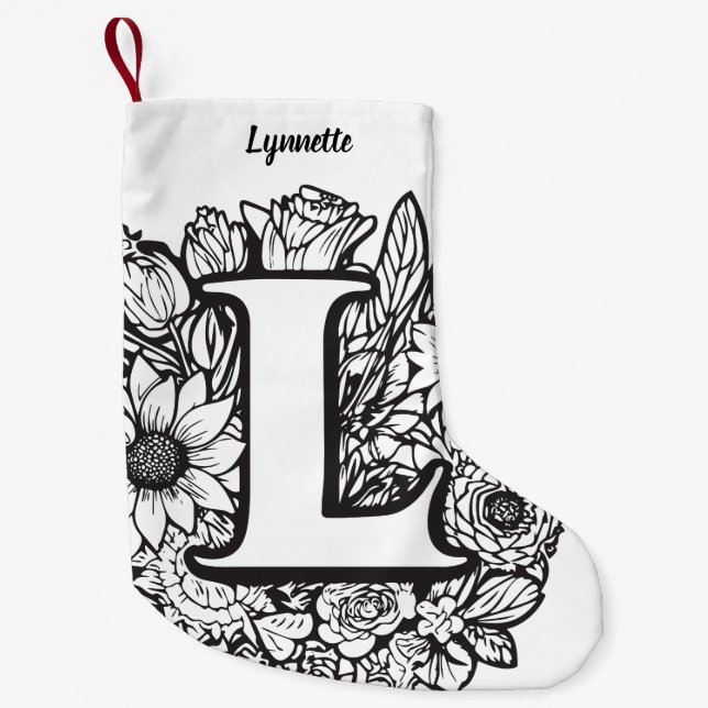 Personalized Ink Flower Monogram Black and White Small Christmas Stocking (Front)