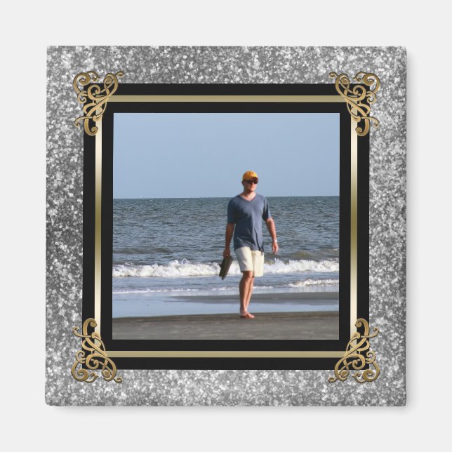 Personalized Instagram Photo Gold Silver Glitter Magnet (Front)