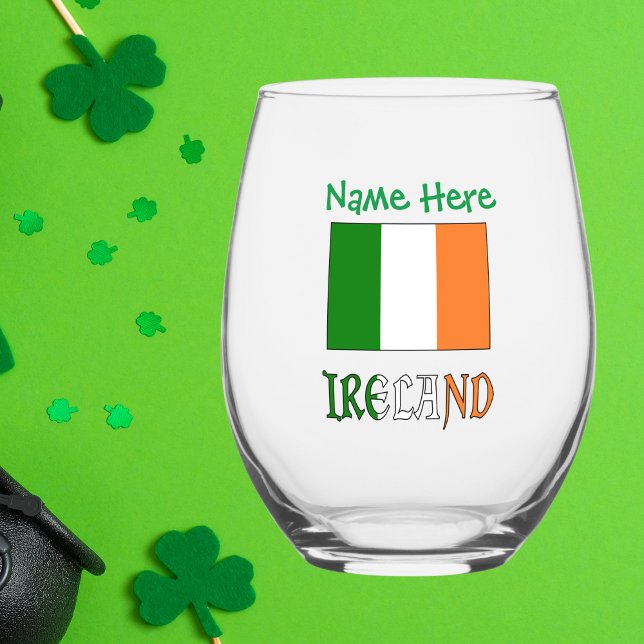 Personalized Ireland Flag Heritage Stemless Wine Glass (Creator Uploaded)
