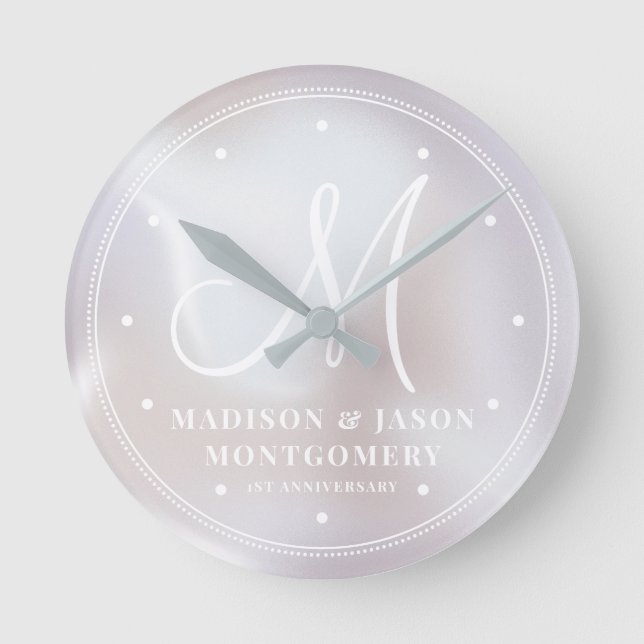 Personalized Iridescent Pearl Wedding Anniversary Round Clock (Front)