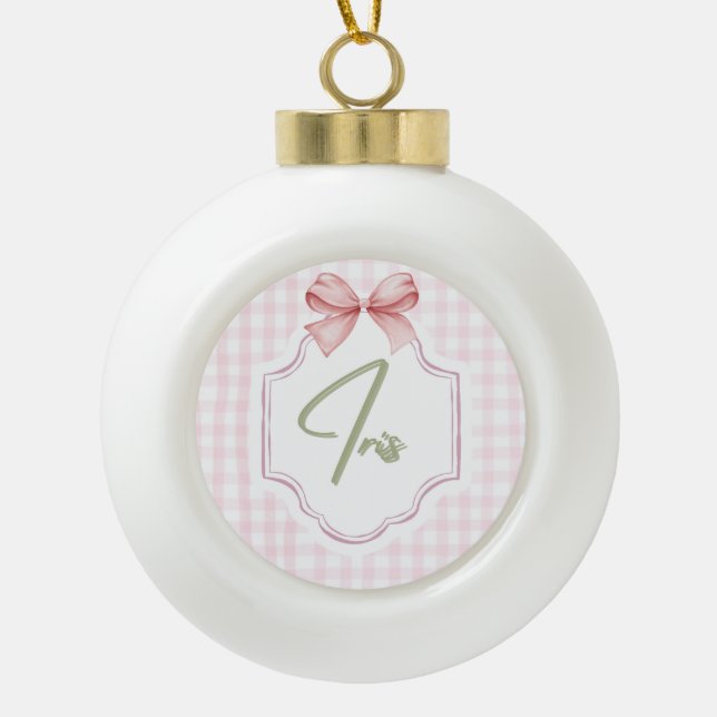 Personalized Iris Baby Girl Nursery Art Pink Bow Ceramic Ball Christmas Ornament (Front)