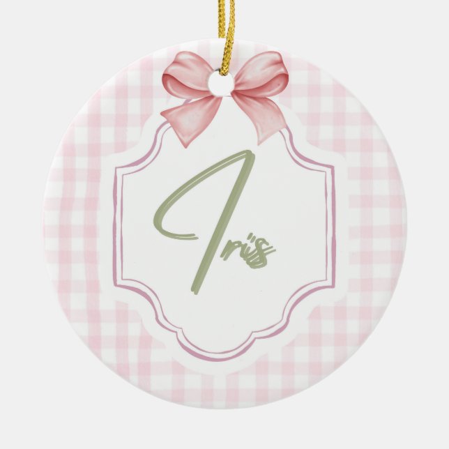 Personalized Iris Baby Girl Nursery Art Pink Bow Ceramic Ornament (Front)