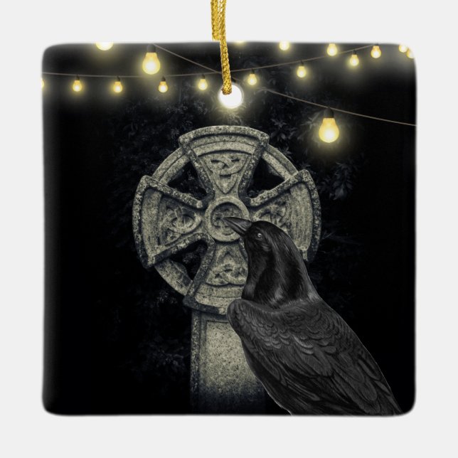 Personalized Irish Celtic Cross and Crow Morrigan Ceramic Ornament (Front)