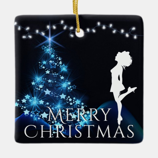 Personalized Irish Dance Blue Christmas Tree Ceramic Ornament (Front)