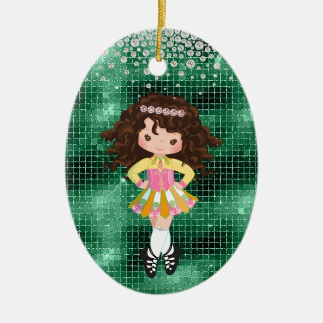 Personalized Irish Dance Brunette Girl Christmas Ceramic Ornament (Front)