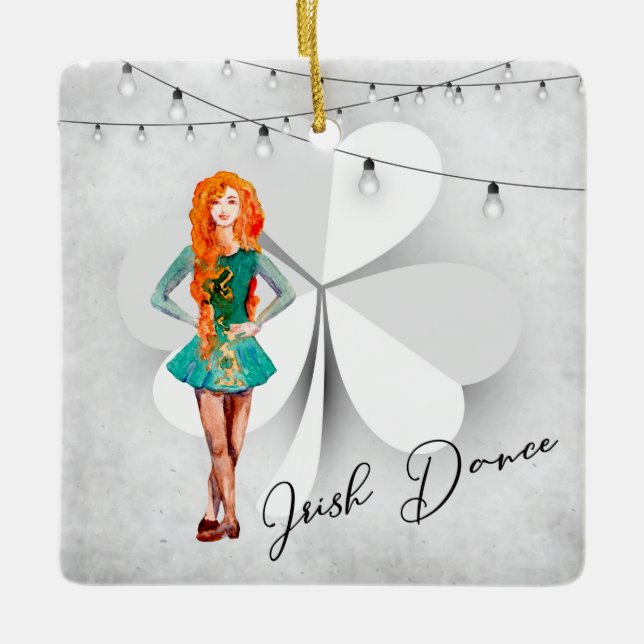 Personalized Irish Dance Clover Christmas Ceramic Ornament (Front)