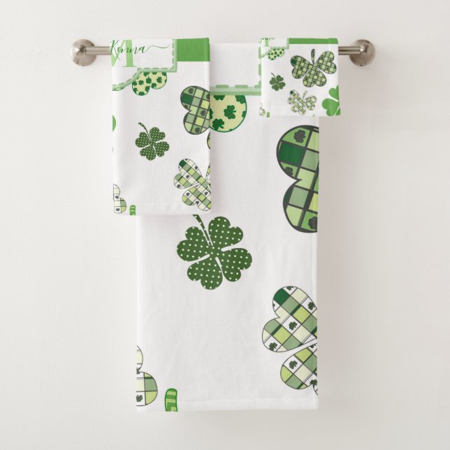 Personalized Irish Green Clover St Patrick's Bath Towel Set (Insitu)