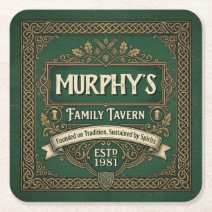 Personalized Irish Pub Family Tavern Vintage Green Square Paper Coaster
