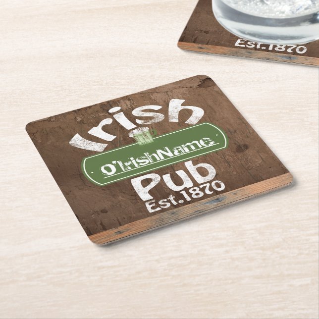 Personalized Irish Pub Old Keg Effect Sign Square Paper Coaster (Angled)