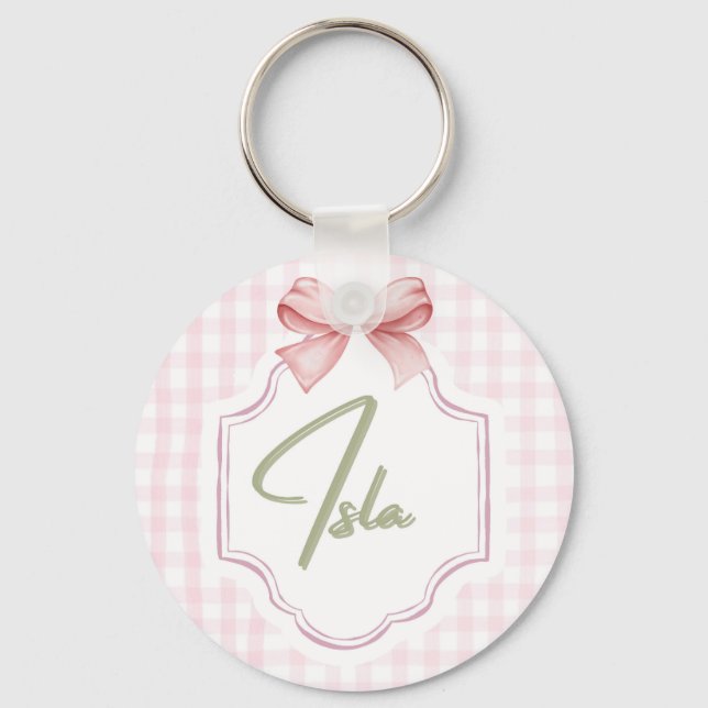 Personalized Isla Baby Girl Nursery Bow&Gingham  Keychain (Front)