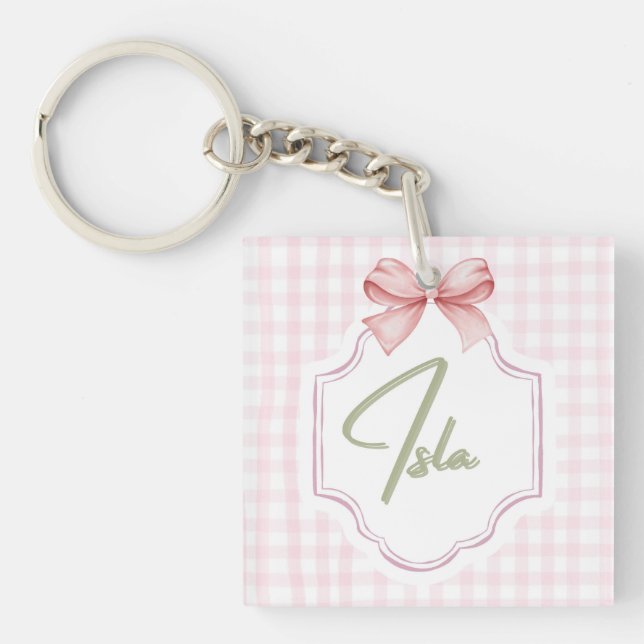 Personalized Isla Baby Girl Nursery Bow&Gingham  Keychain (Front)