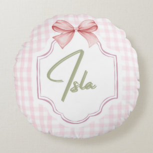 Personalized Isla Baby Girl Nursery Bow&Gingham  Round Pillow