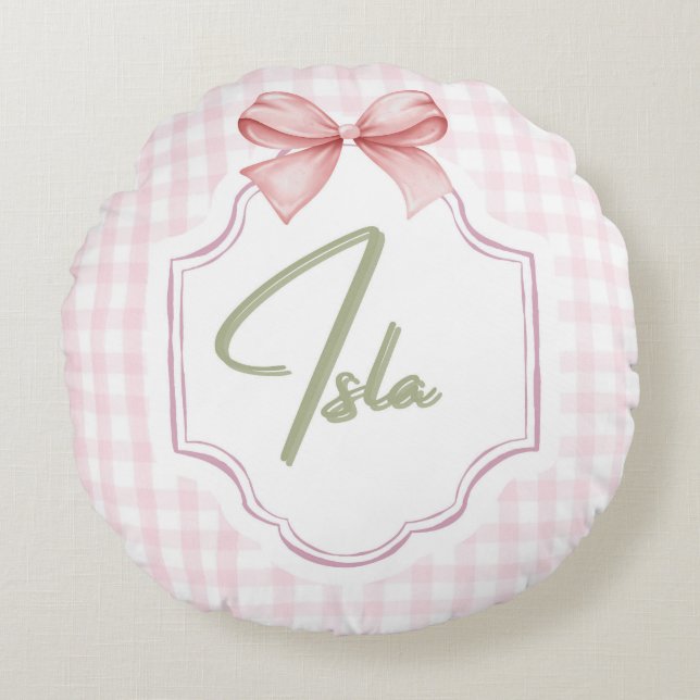 Personalized Isla Baby Girl Nursery Bow&Gingham  Round Pillow (Front)