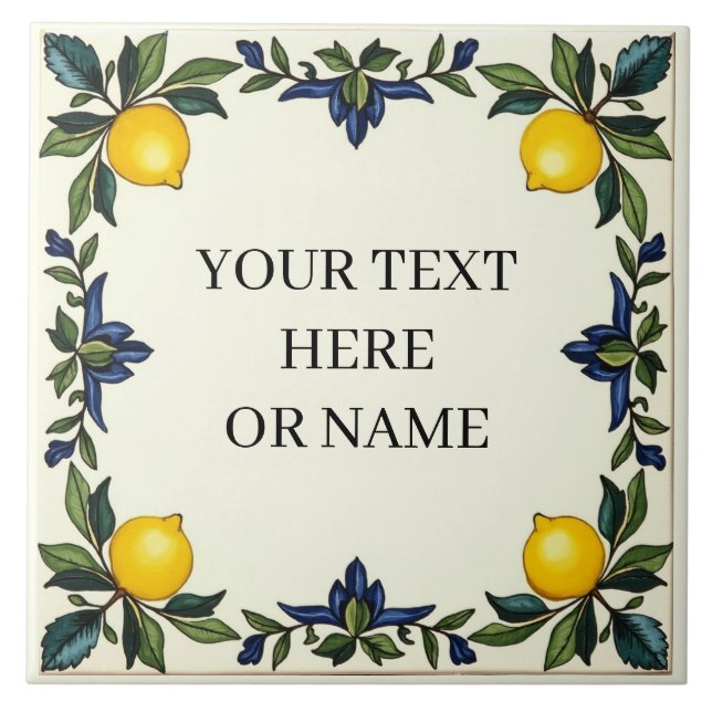 Personalized Italian Ceramic Lemon Tile Blue (Front)