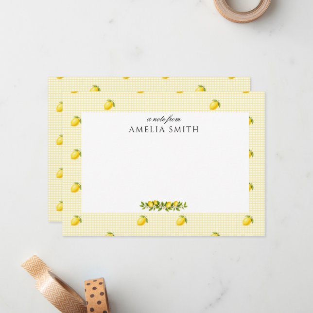 Personalized Italian Lemon Gingham Notecard (Front/Back In Situ)