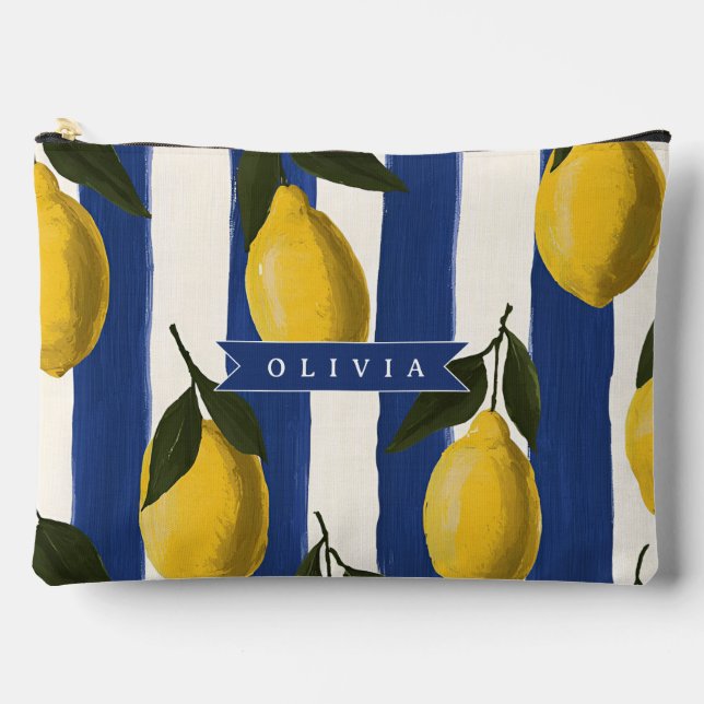 Personalized Italian Lemon Stripe Coastal  Accessory Pouch (Front)