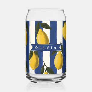 Personalized Italian Lemon Stripe Coastal  Can Glass