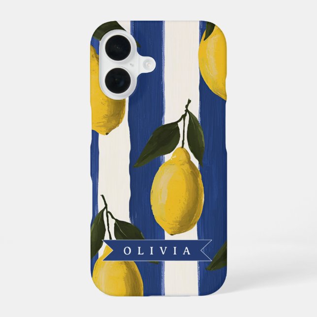 Personalized Italian Lemon Stripe Coastal  iPhone 16 Case (Back)