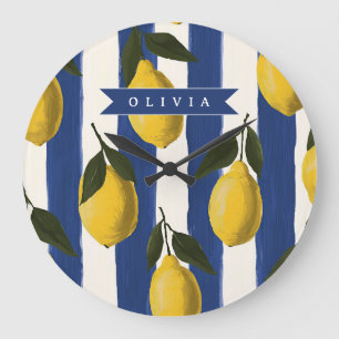 Personalized Italian Lemon Stripe Coastal Large Clock