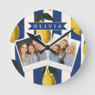 Personalized Italian Lemon Stripe Coastal  Round Clock
