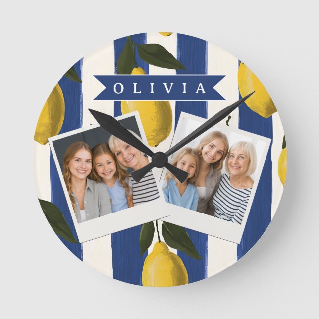 Personalized Italian Lemon Stripe Coastal  Round Clock (Front)