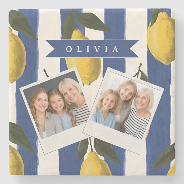 Personalized Italian Lemon Stripe Coastal  Stone Coaster (Front)