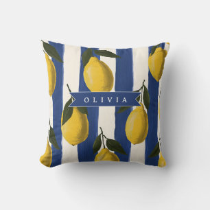 Personalized Italian Lemon Stripe Coastal  Throw Pillow