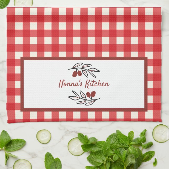 Personalized Italian Red Gingham Cooking  Kitchen Towel (Folded)