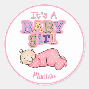 Personalized It's a Girl Baby Sleeping Classic Round Sticker