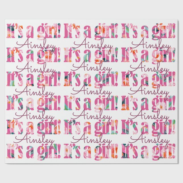 Personalized It's A Girl Magenta Floral Font Wrapping Paper (Flat)