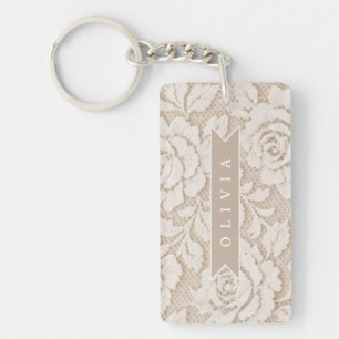 Personalized Ivory Lace Bridal Elegant Vintage Keychain