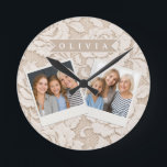 Personalized Ivory Lace Bridal Elegant Vintage Round Clock<br><div class="desc">Delicate lace is one of those motifs that seems timeless right away. The grandeur of traditional lace designs is captured in this personalized ivory lace floral collection, which also features a contemporary personalized touch. The design combines softness, sophistication, and adaptability, drawing inspiration from delicate floral textures and old lace fabrics....</div>